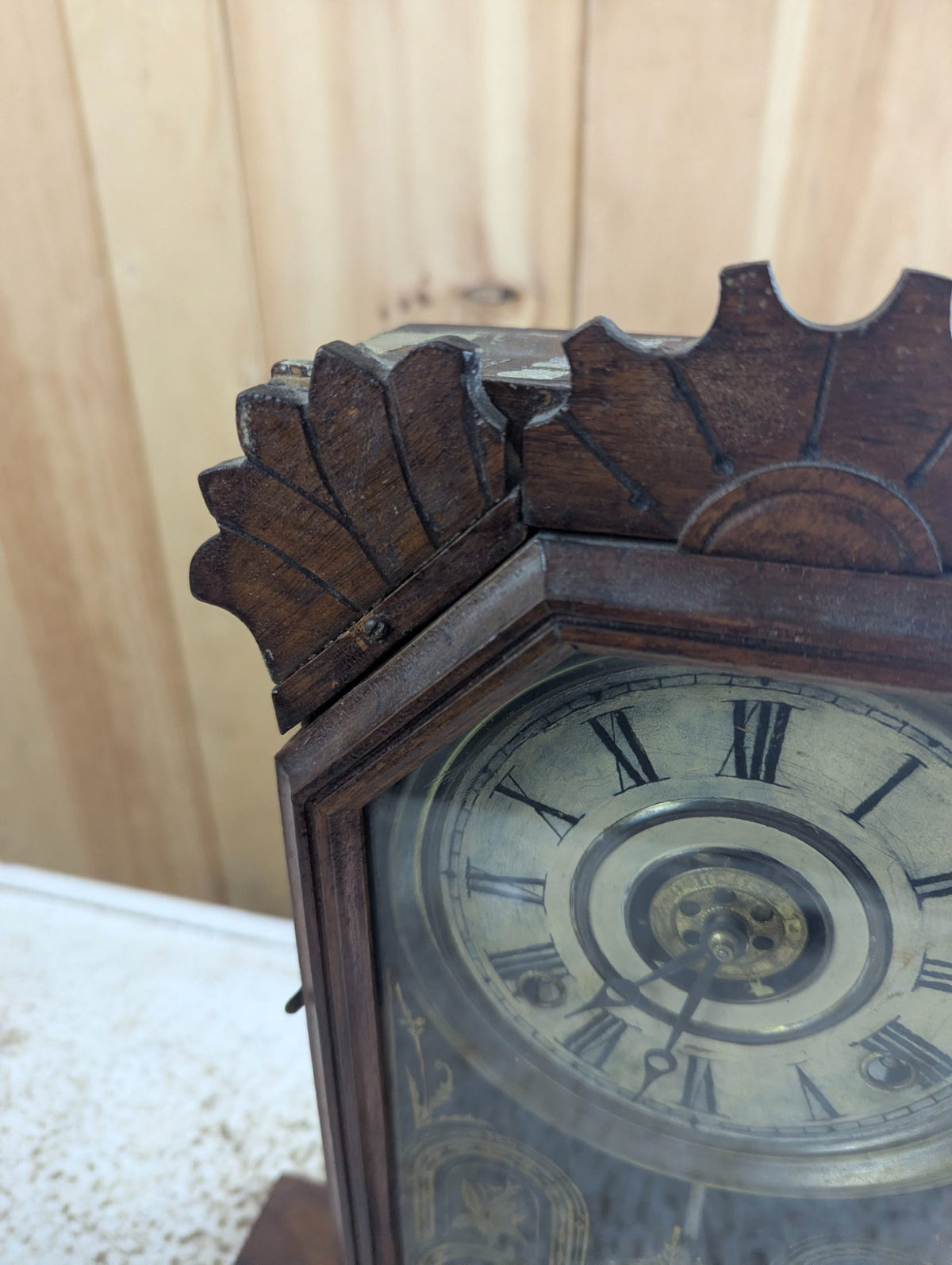 Antique Victorian E. Ingraham Walnut Gingerbread Clock with Painted Glass Door - Tested Working