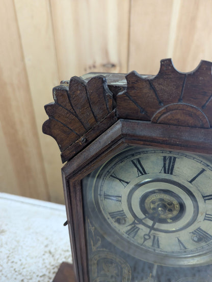Antique Victorian E. Ingraham Walnut Gingerbread Clock with Painted Glass Door - Tested Working