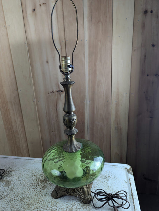 Vintage Green Hobnail Glass Table Lamp with Brass-Tone Ornate Base 31" Tall - Works
