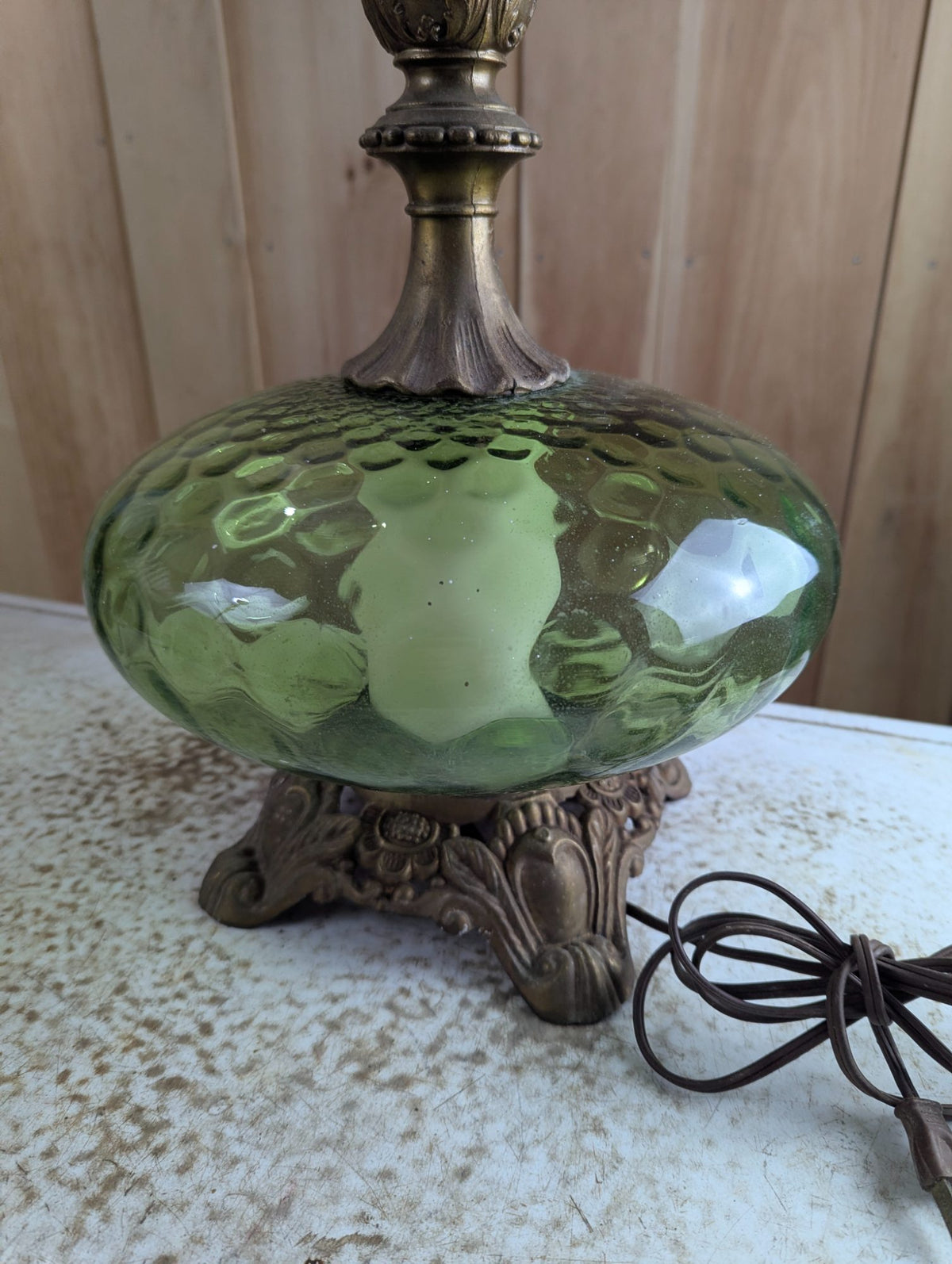 Vintage Green Hobnail Glass Table Lamp with Brass-Tone Ornate Base 31" Tall - Works