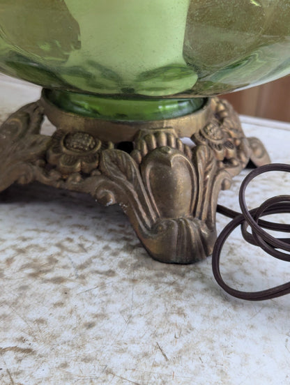 Vintage Green Hobnail Glass Table Lamp with Brass-Tone Ornate Base 31" Tall - Works
