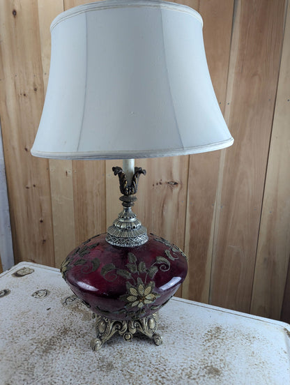 Vintage Cranberry Art Glass Table Lamp with Ornate Metal Base and Shade