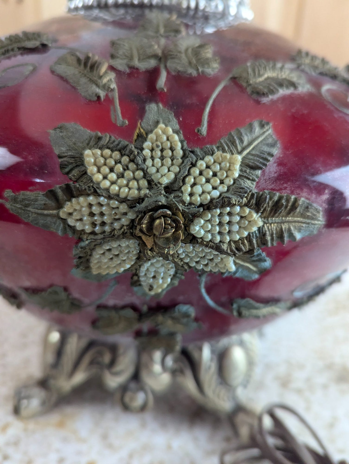 Vintage Cranberry Art Glass Table Lamp with Ornate Metal Base and Shade