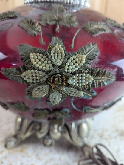 Vintage Cranberry Art Glass Table Lamp with Ornate Metal Base and Shade