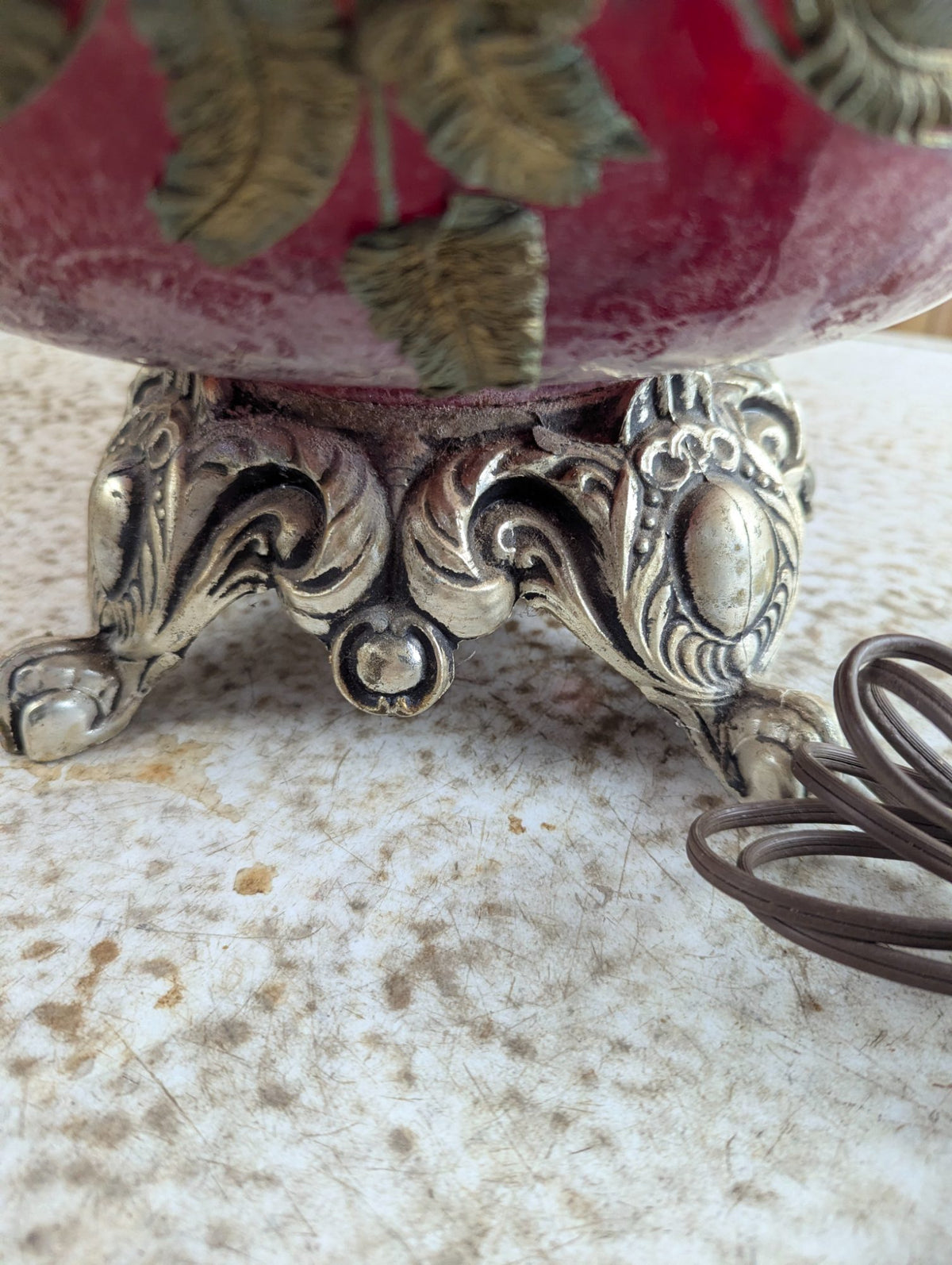 Vintage Cranberry Art Glass Table Lamp with Ornate Metal Base and Shade