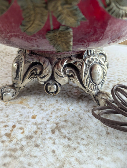 Vintage Cranberry Art Glass Table Lamp with Ornate Metal Base and Shade