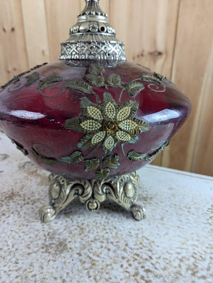 Vintage Cranberry Art Glass Table Lamp with Ornate Metal Base and Shade