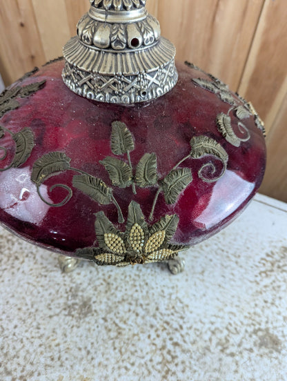 Vintage Cranberry Art Glass Table Lamp with Ornate Metal Base and Shade