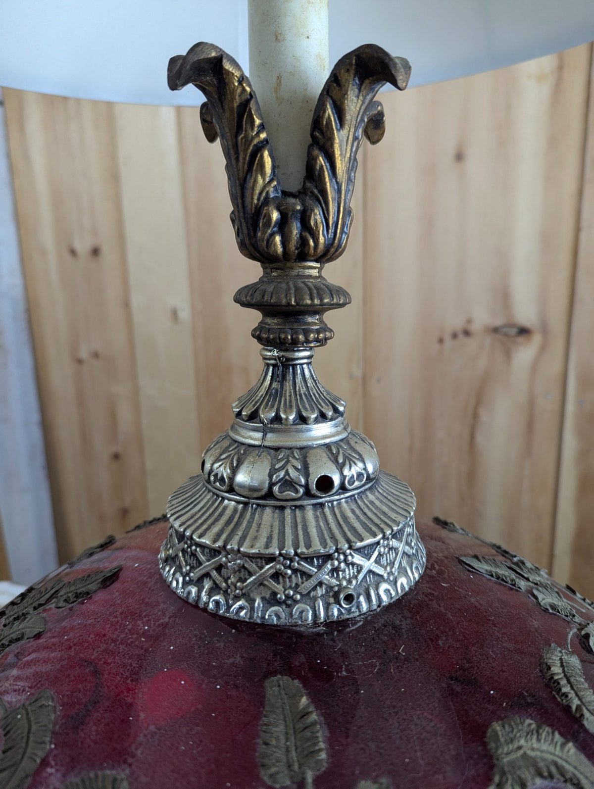 Vintage Cranberry Art Glass Table Lamp with Ornate Metal Base and Shade