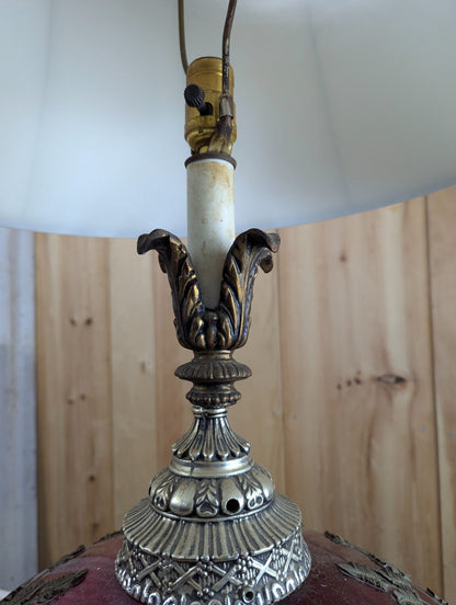 Vintage Cranberry Art Glass Table Lamp with Ornate Metal Base and Shade