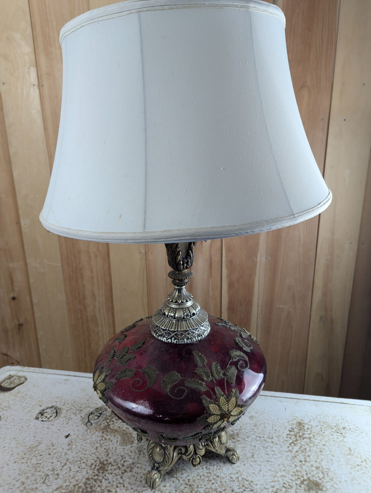 Vintage Cranberry Art Glass Table Lamp with Ornate Metal Base and Shade