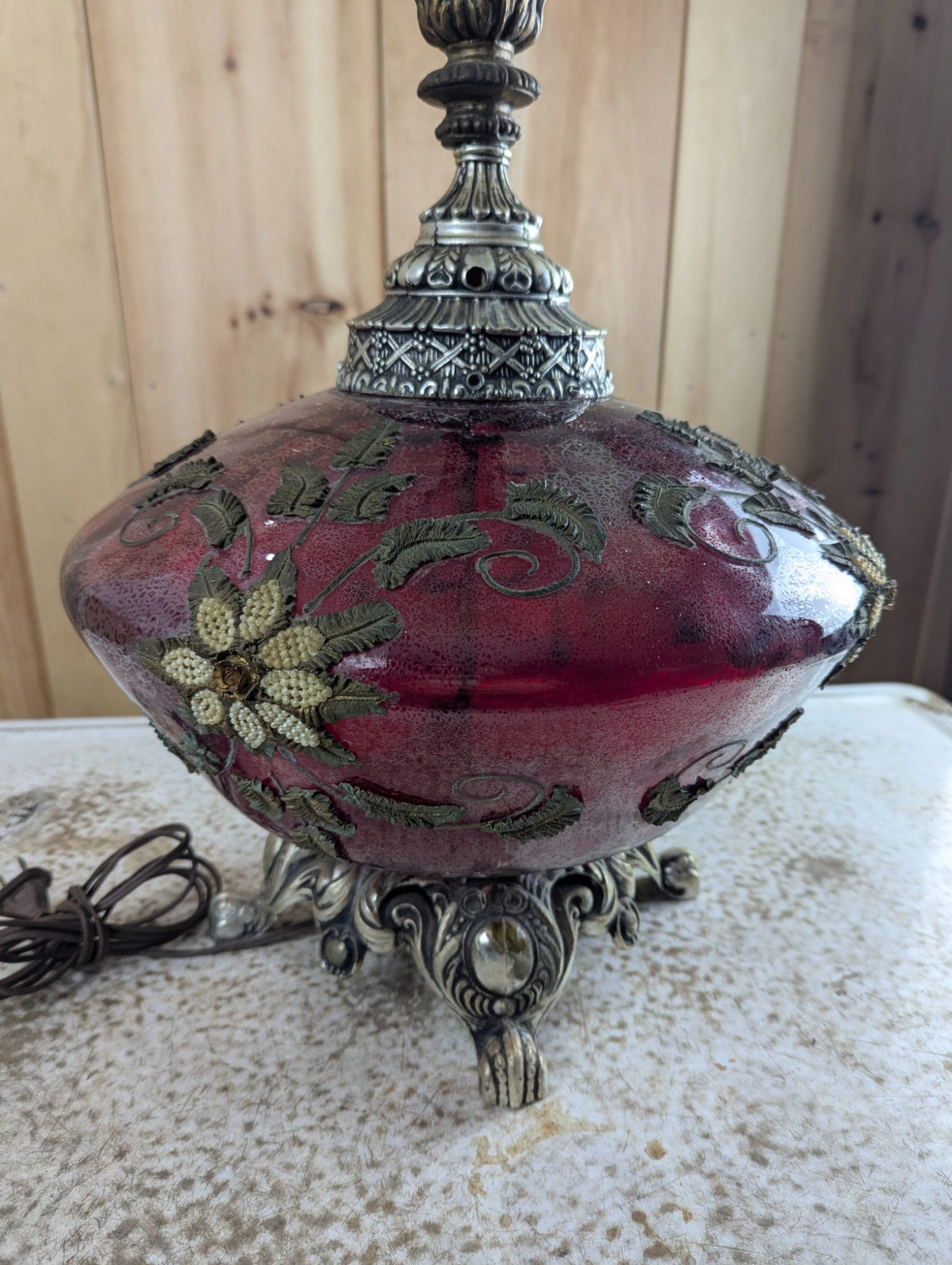 Vintage Cranberry Art Glass Table Lamp with Ornate Metal Base and Shade