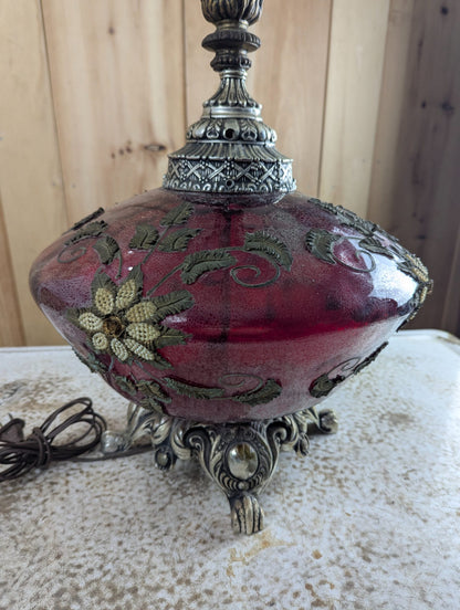 Vintage Cranberry Art Glass Table Lamp with Ornate Metal Base and Shade