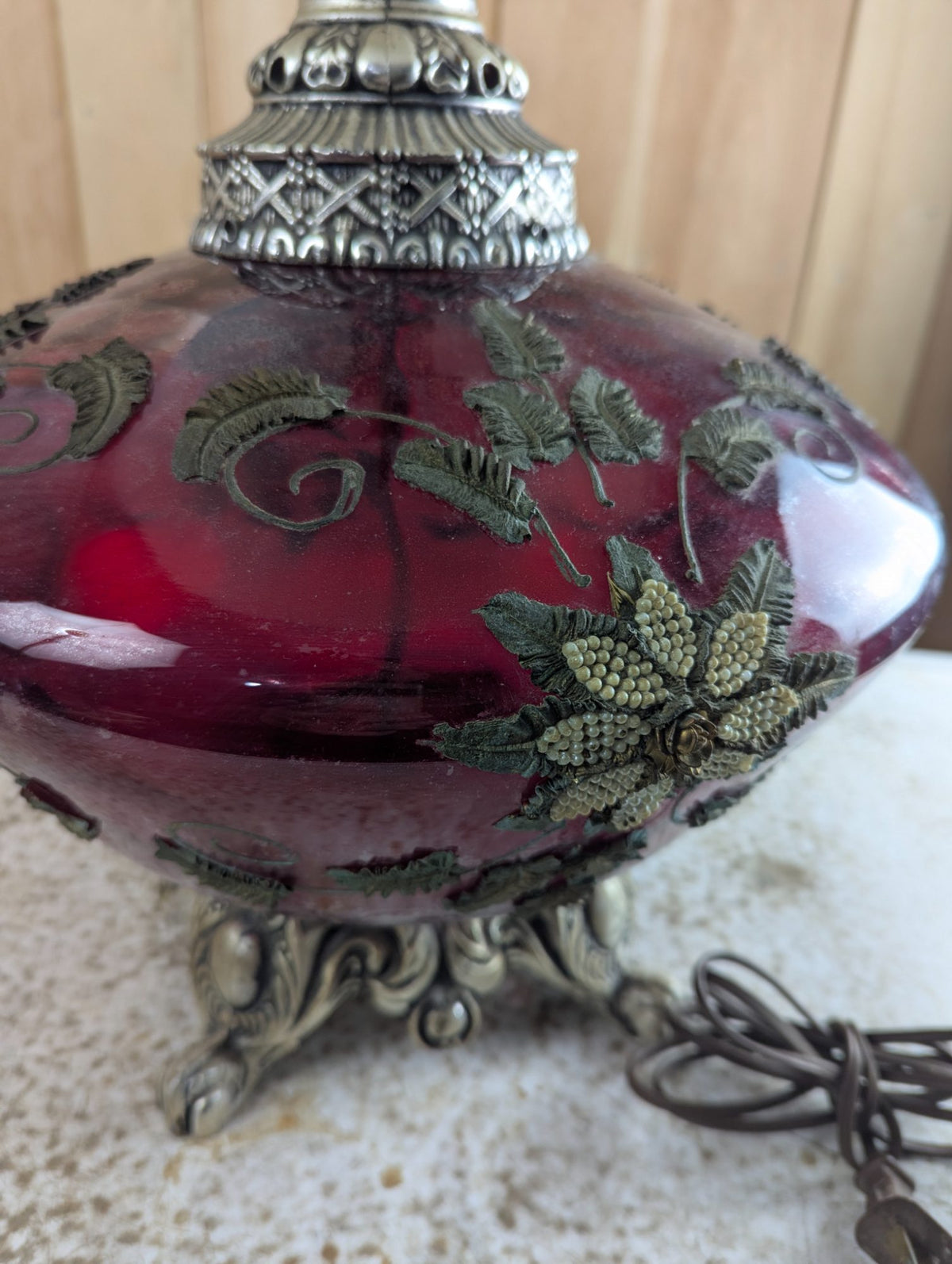 Vintage Cranberry Art Glass Table Lamp with Ornate Metal Base and Shade