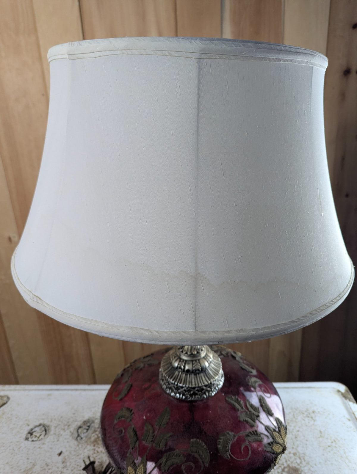 Vintage Cranberry Art Glass Table Lamp with Ornate Metal Base and Shade