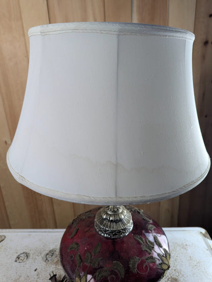Vintage Cranberry Art Glass Table Lamp with Ornate Metal Base and Shade