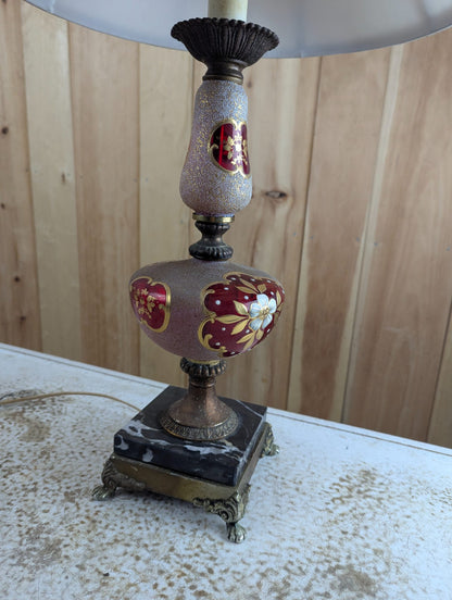 Vintage Ruby Cased Glass Table Lamp with Brass and Marble Base 31" Tall