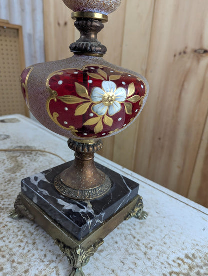Vintage Ruby Cased Glass Table Lamp with Brass and Marble Base 31" Tall