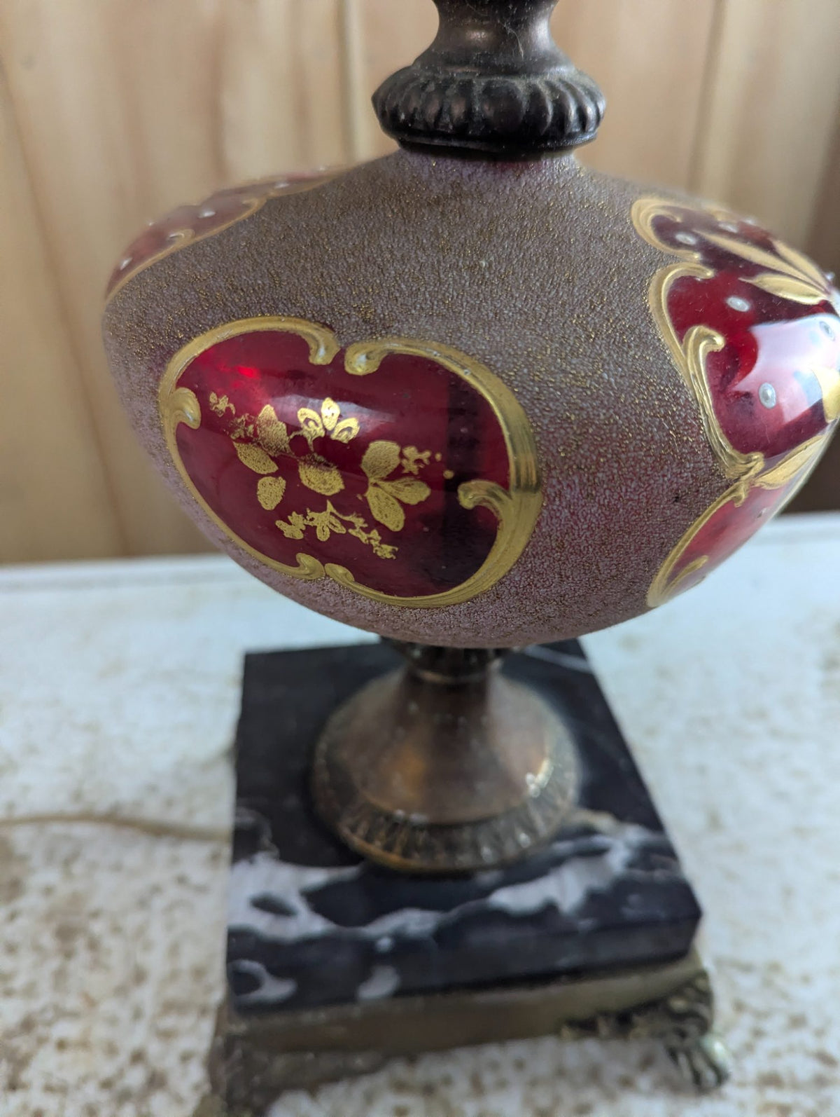 Vintage Ruby Cased Glass Table Lamp with Brass and Marble Base 31" Tall