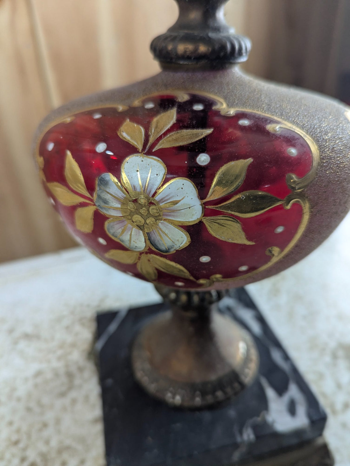 Vintage Ruby Cased Glass Table Lamp with Brass and Marble Base 31" Tall