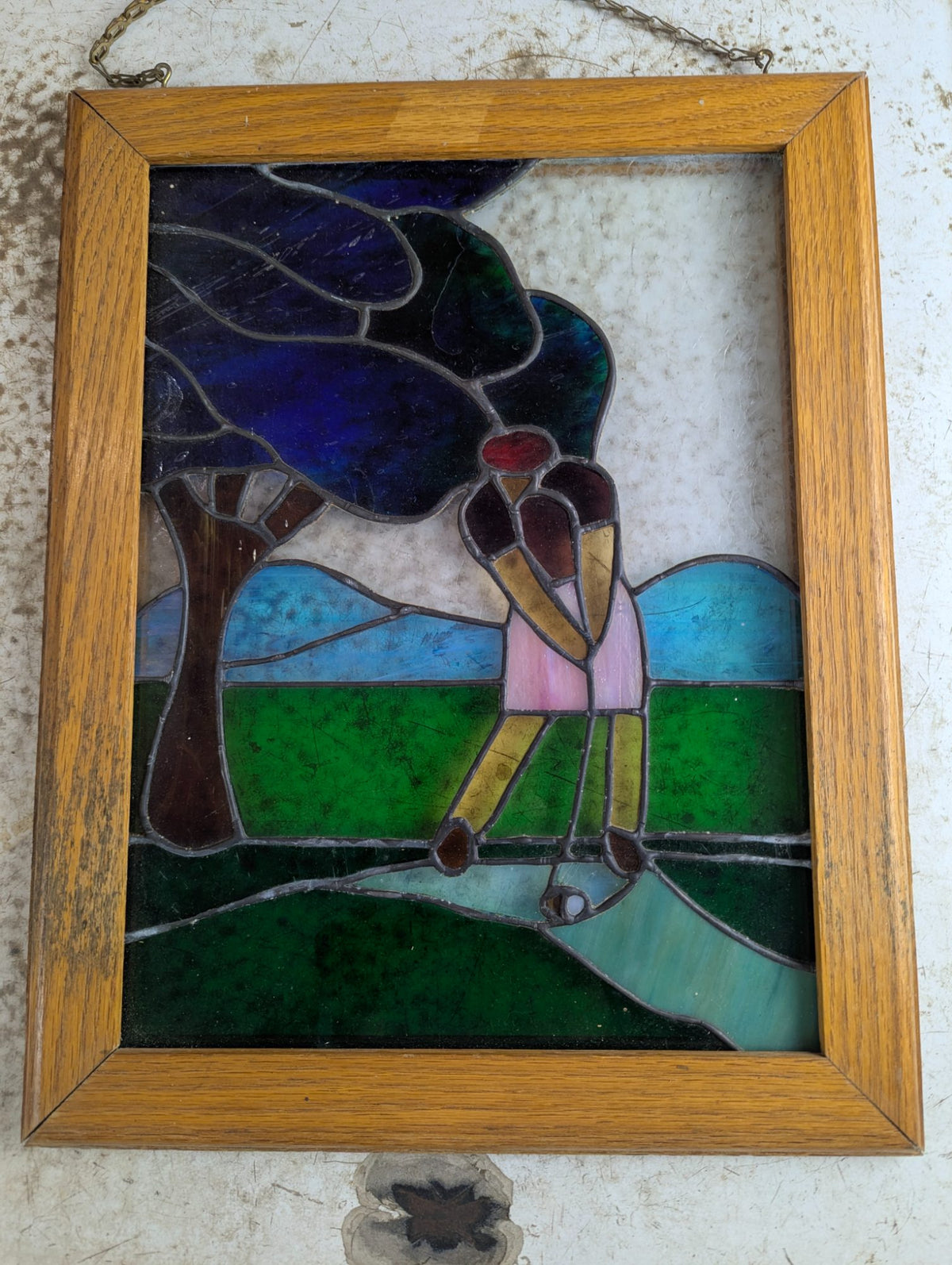 Vintage Leaded Stained Glass Golf Scene Panel in Wood Frame 13.25" x 17