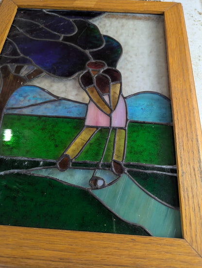 Vintage Leaded Stained Glass Golf Scene Panel in Wood Frame 13.25" x 17