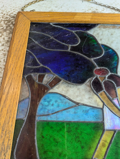 Vintage Leaded Stained Glass Golf Scene Panel in Wood Frame 13.25" x 17