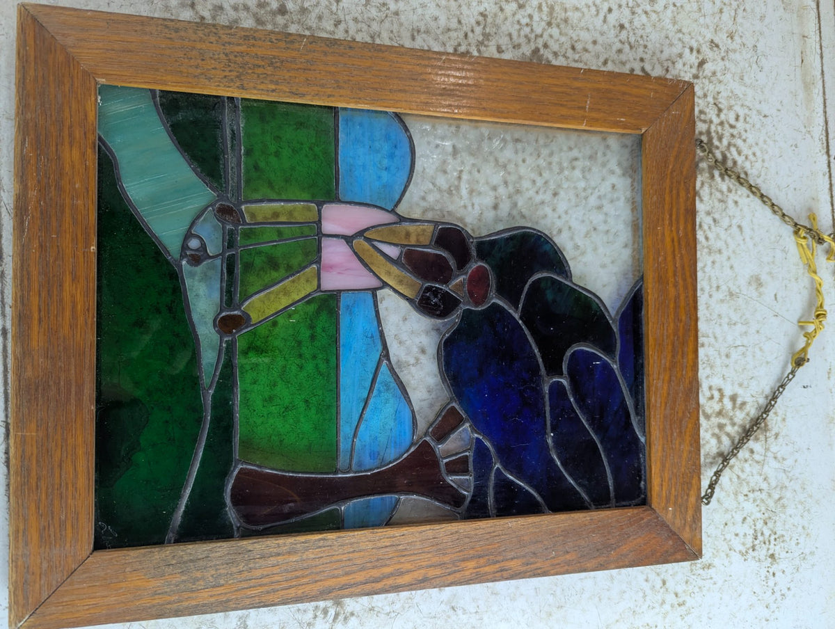 Vintage Leaded Stained Glass Golf Scene Panel in Wood Frame 13.25" x 17