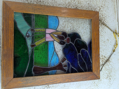 Vintage Leaded Stained Glass Golf Scene Panel in Wood Frame 13.25" x 17