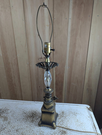 Vintage Gold-Tone Metal Table Lamp with Faceted Crystal Stem 27" Tall