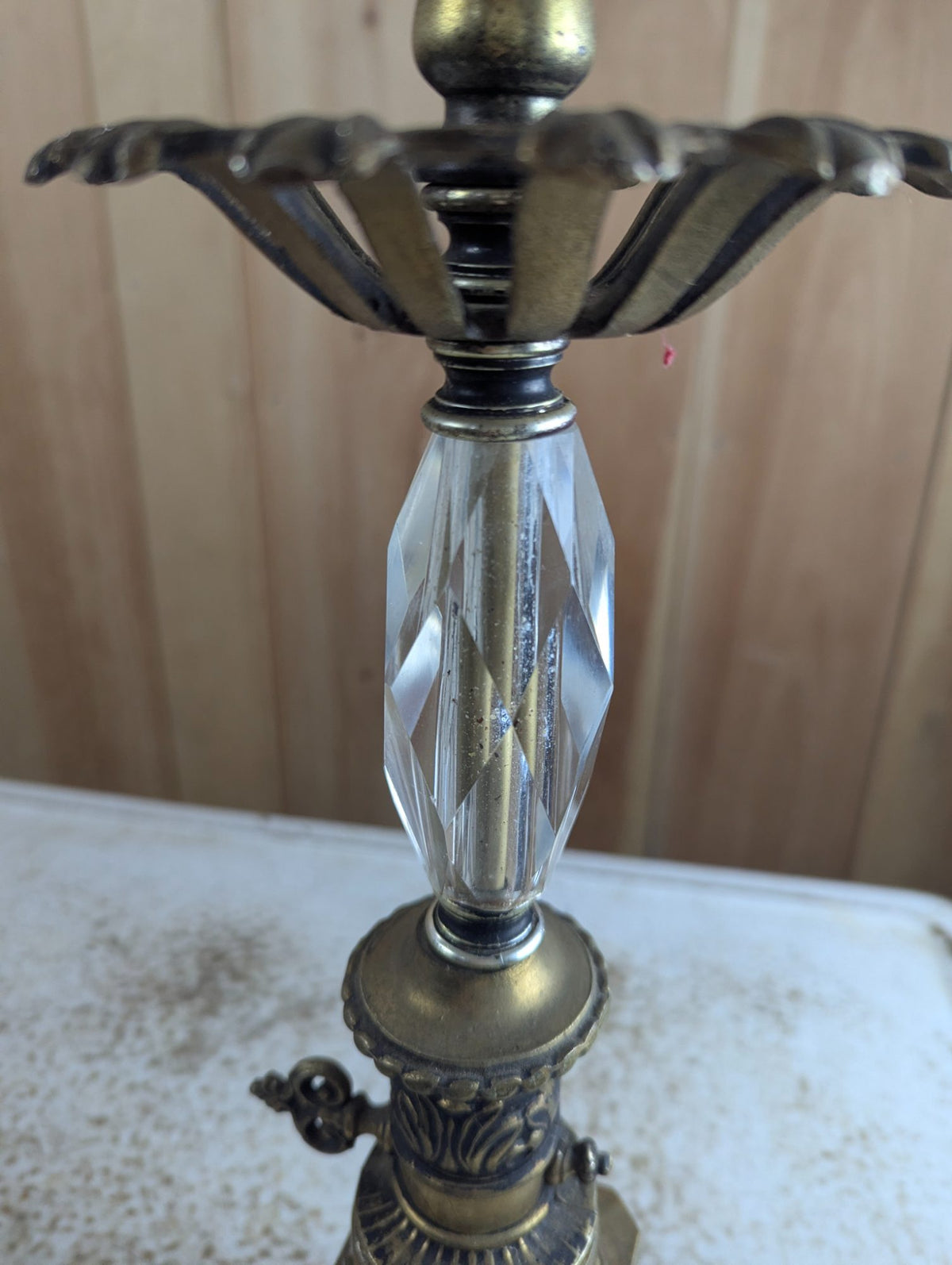 Vintage Gold-Tone Metal Table Lamp with Faceted Crystal Stem 27" Tall