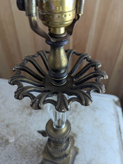 Vintage Gold-Tone Metal Table Lamp with Faceted Crystal Stem 27" Tall