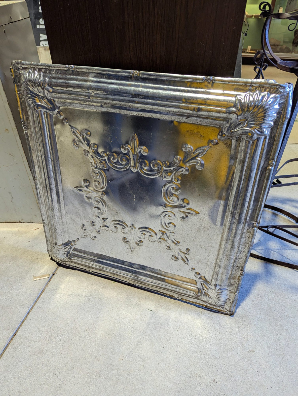 Antique Pressed Tin Ceiling Tile with Fleur-de-Lis and Scroll Design