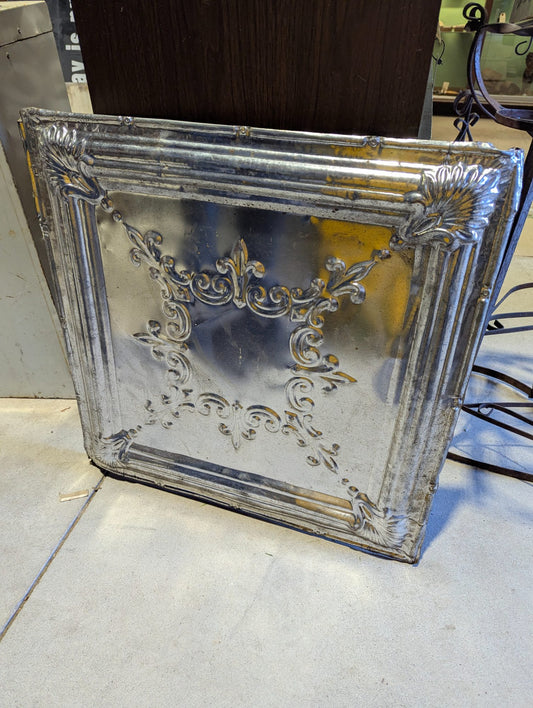 Antique Pressed Tin Ceiling Tile with Fleur-de-Lis and Scroll Design