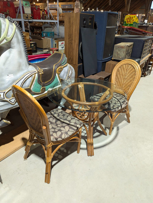 Vintage Rattan Dining Set Glass Top Table with Two Wicker Back Chairs and Cushions