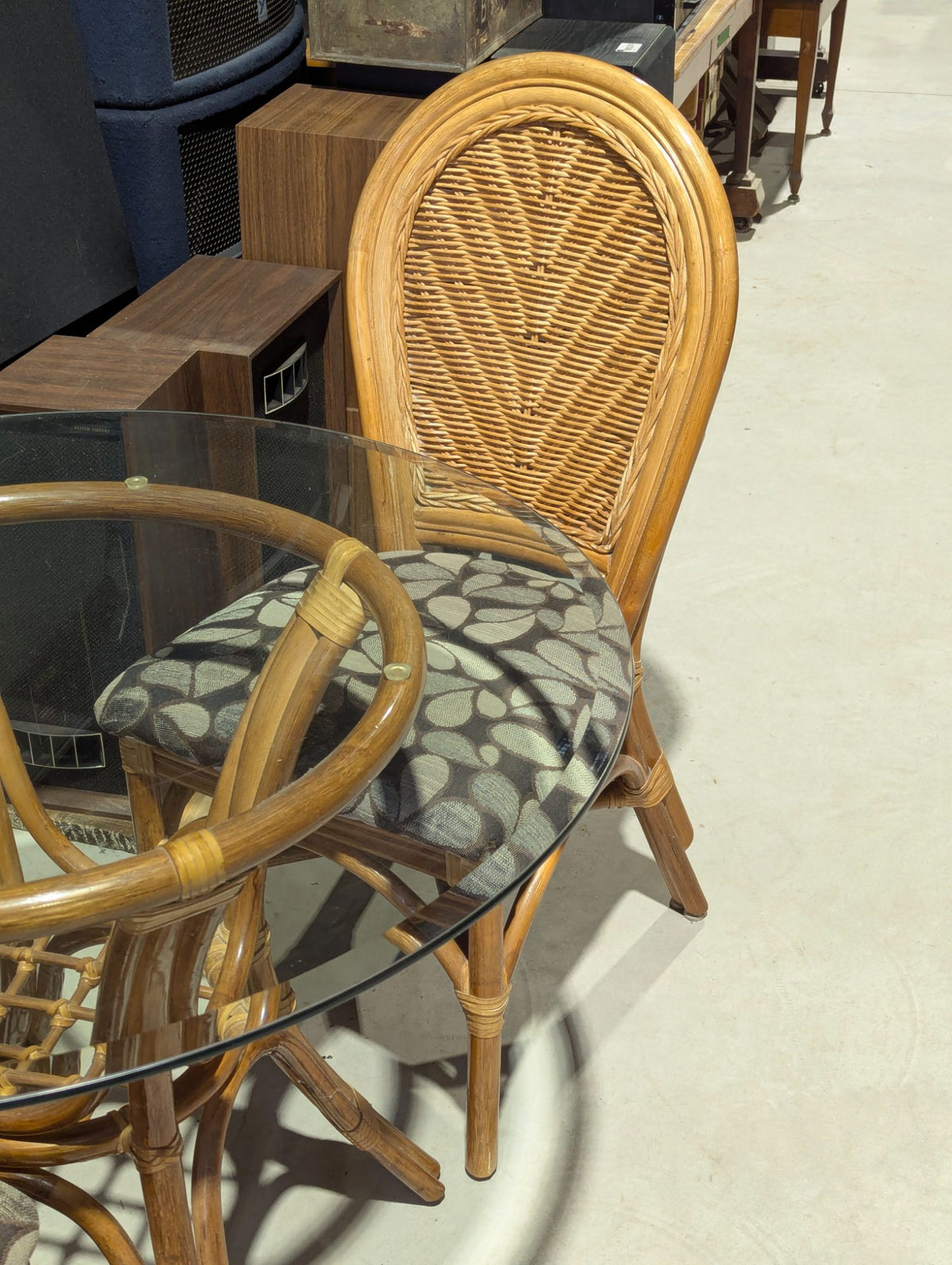 Vintage Rattan Dining Set Glass Top Table with Two Wicker Back Chairs and Cushions