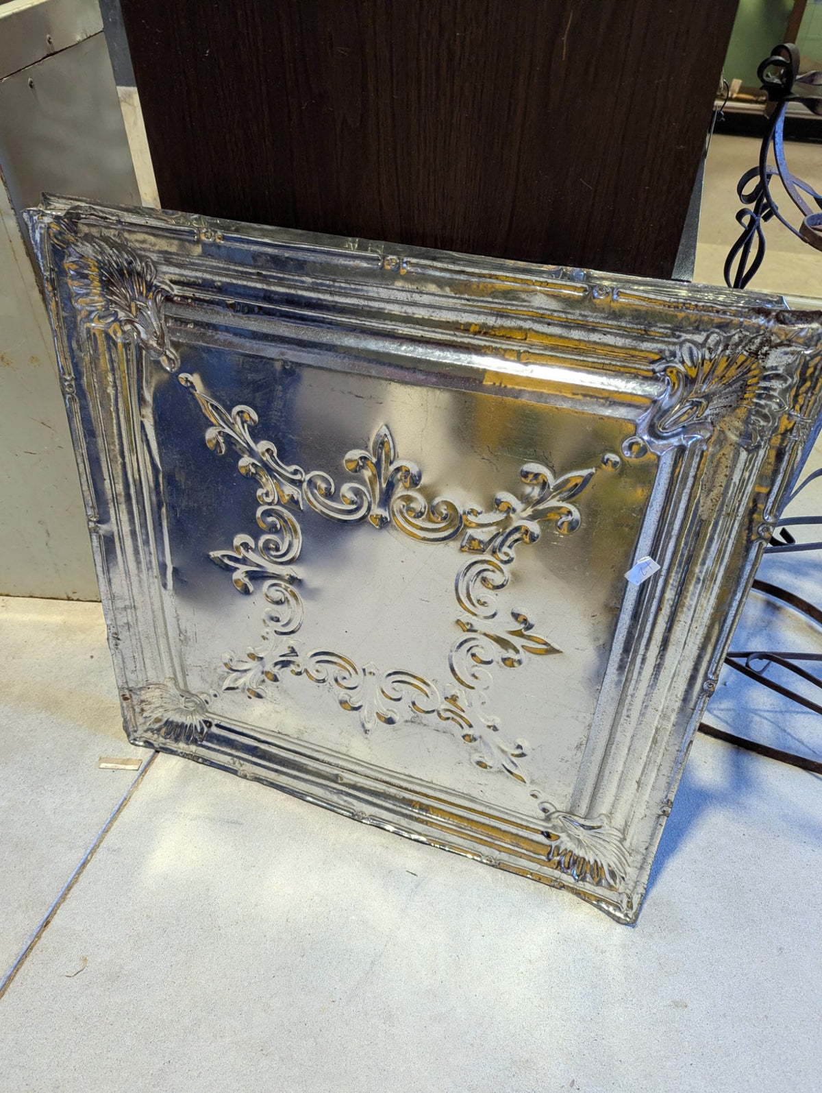 Antique Pressed Tin Ceiling Tile with Fleur-de-Lis and Scroll Design