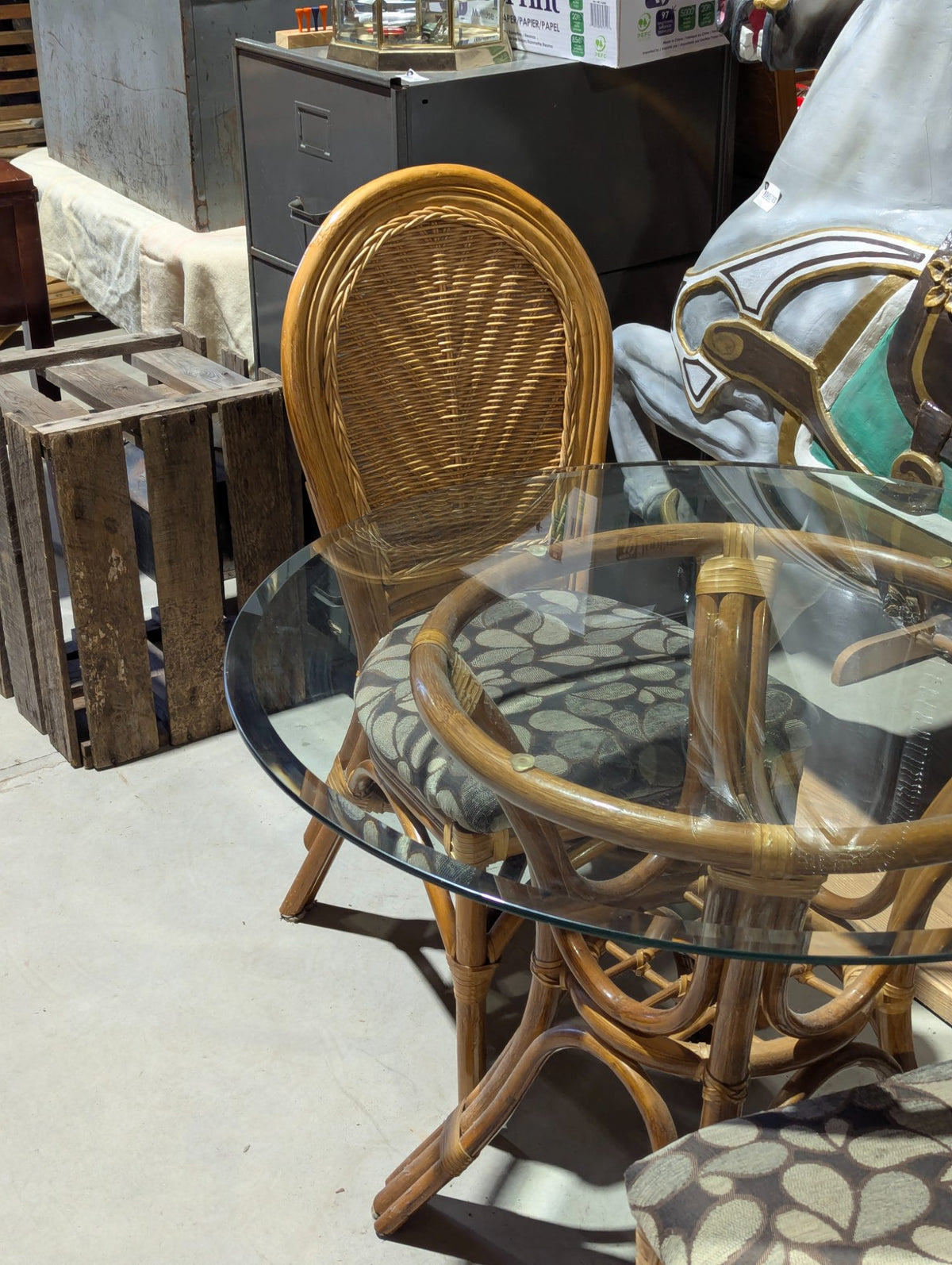 Vintage Rattan Dining Set Glass Top Table with Two Wicker Back Chairs and Cushions