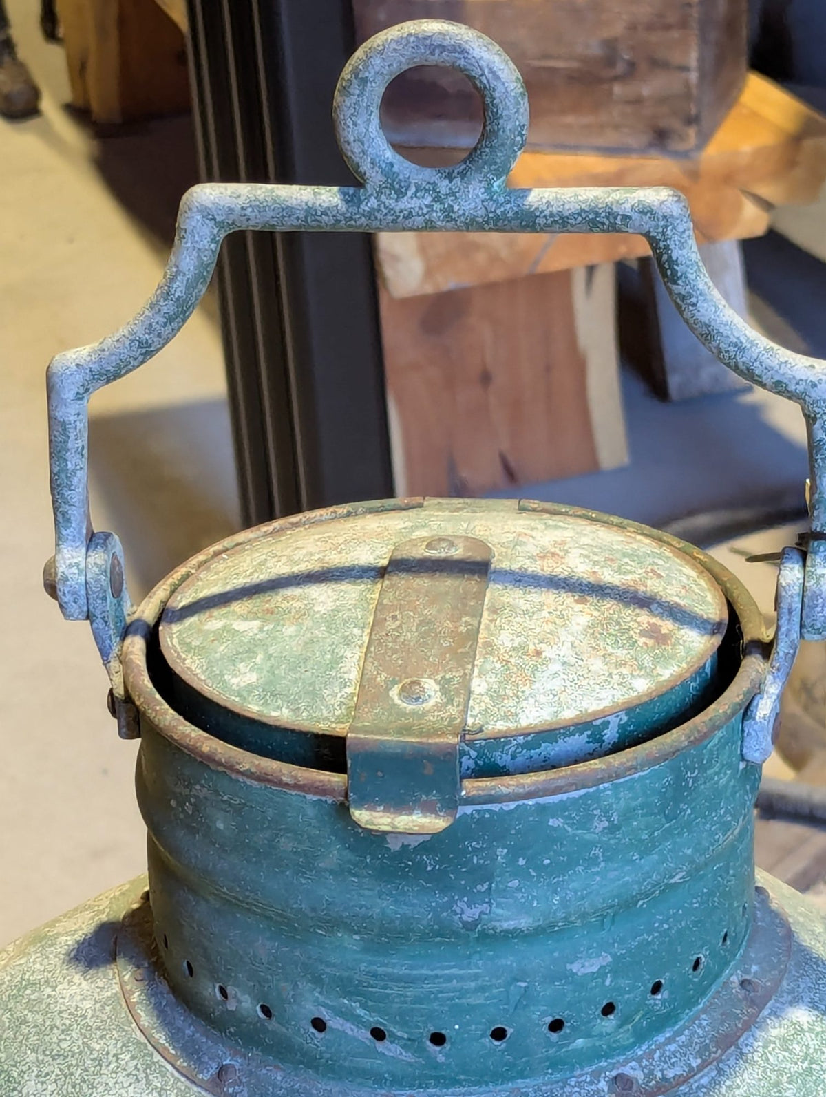 Antique Elisha Webb & Son Green Painted Metal Ship's Lantern with Blue Lens