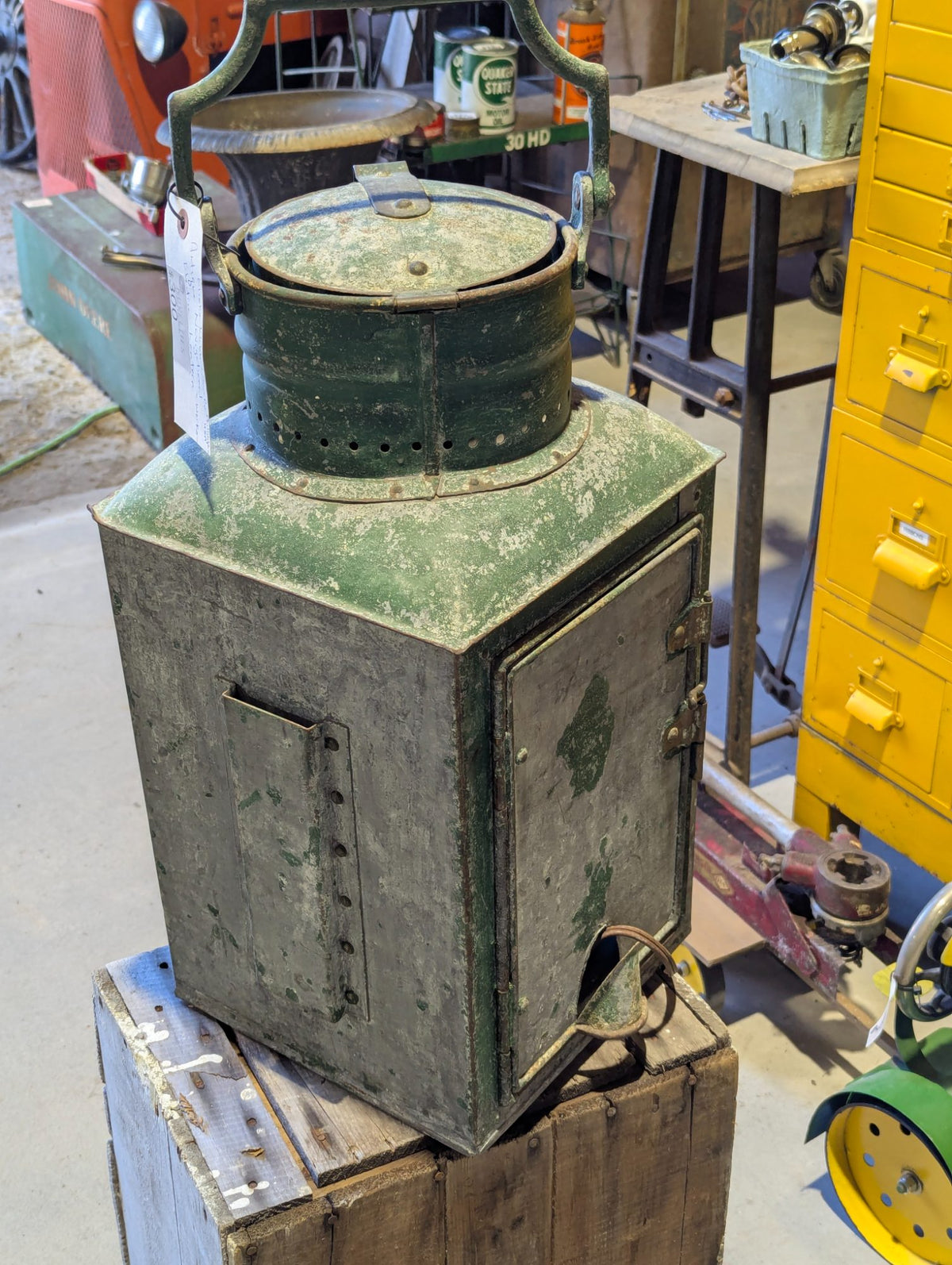 Antique Elisha Webb & Son Green Painted Metal Ship's Lantern with Blue Lens