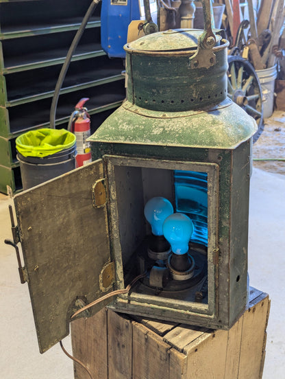 Antique Elisha Webb & Son Green Painted Metal Ship's Lantern with Blue Lens