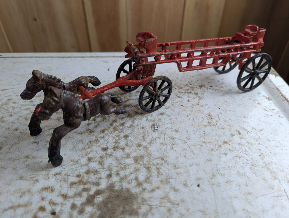 Vintage Cast Iron Horse-Drawn Fire Engine Ladder Wagon Toy