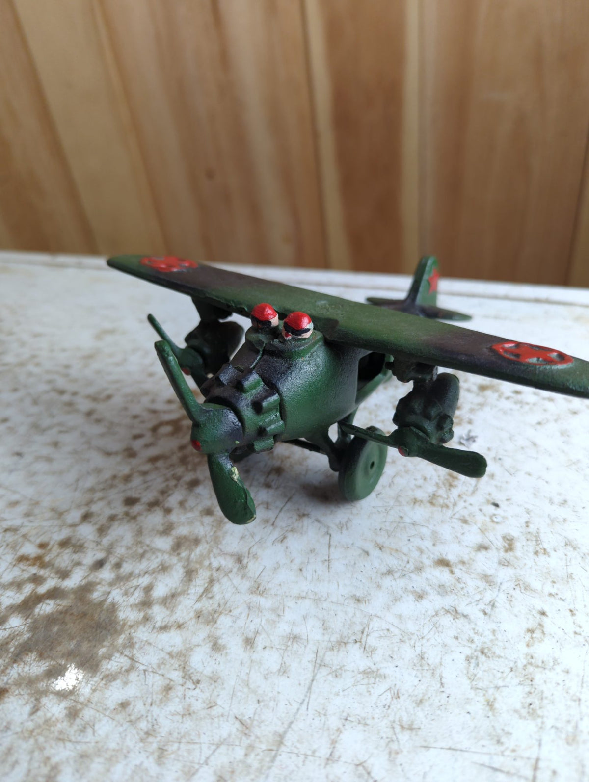 Vintage Style Green Painted Metal Military Toy Airplane with Red Star Markings