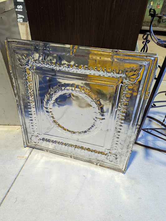 Antique Pressed Tin Ceiling Tile with Scrolled Border and Wreath Medallion