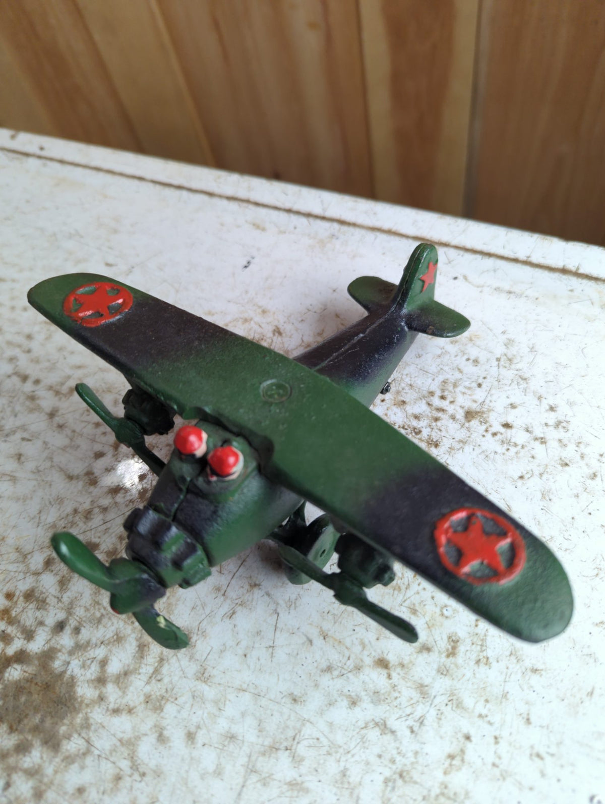 Vintage Style Green Painted Metal Military Toy Airplane with Red Star Markings