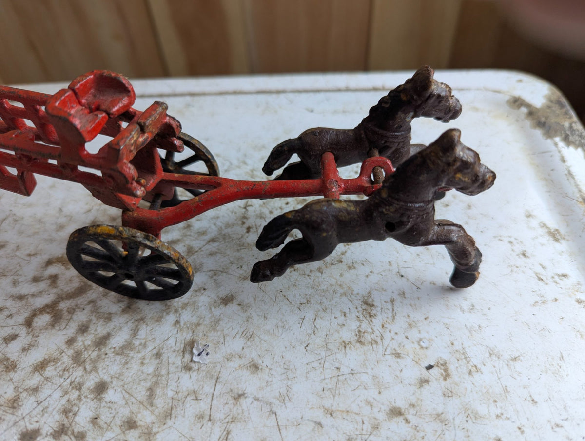 Vintage Cast Iron Horse-Drawn Fire Engine Ladder Wagon Toy