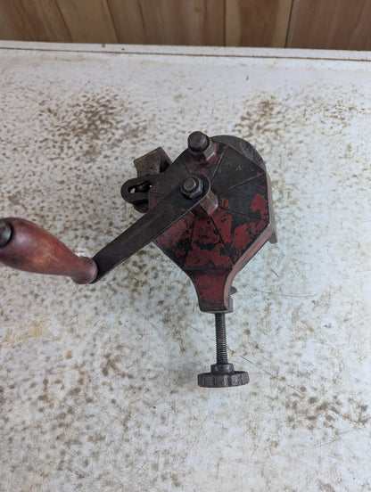 Vintage Cast Iron Hand Crank Bench Grinder with Wood Handle
