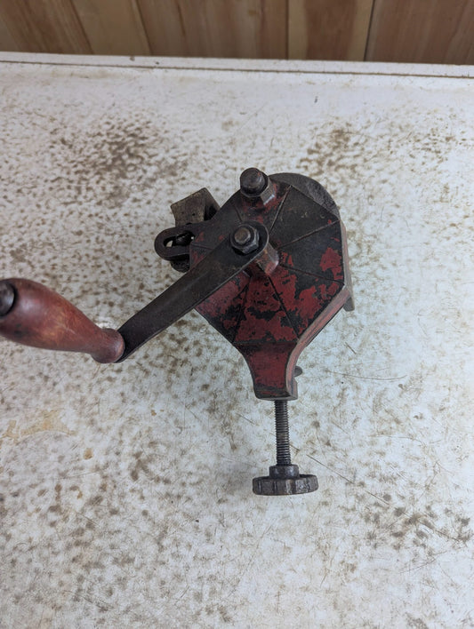 Vintage Cast Iron Hand Crank Bench Grinder with Wood Handle