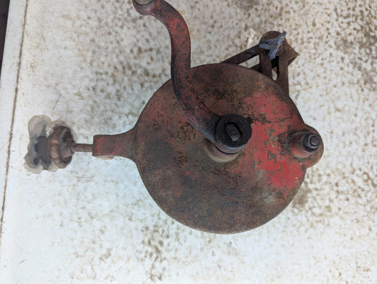 Vintage Red Cast Iron Hand Crank Tool with Wood Handle