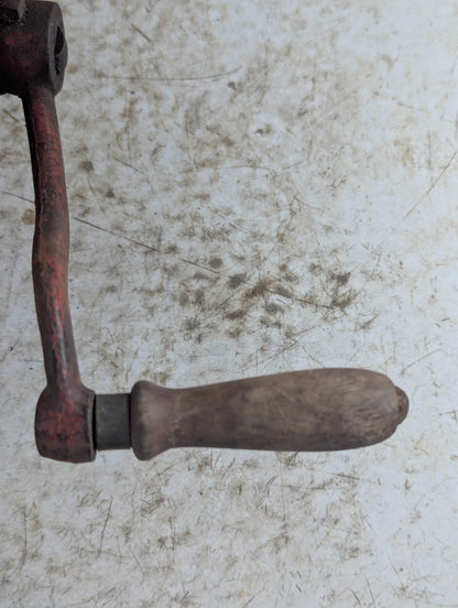 Vintage Red Cast Iron Hand Crank Tool with Wood Handle